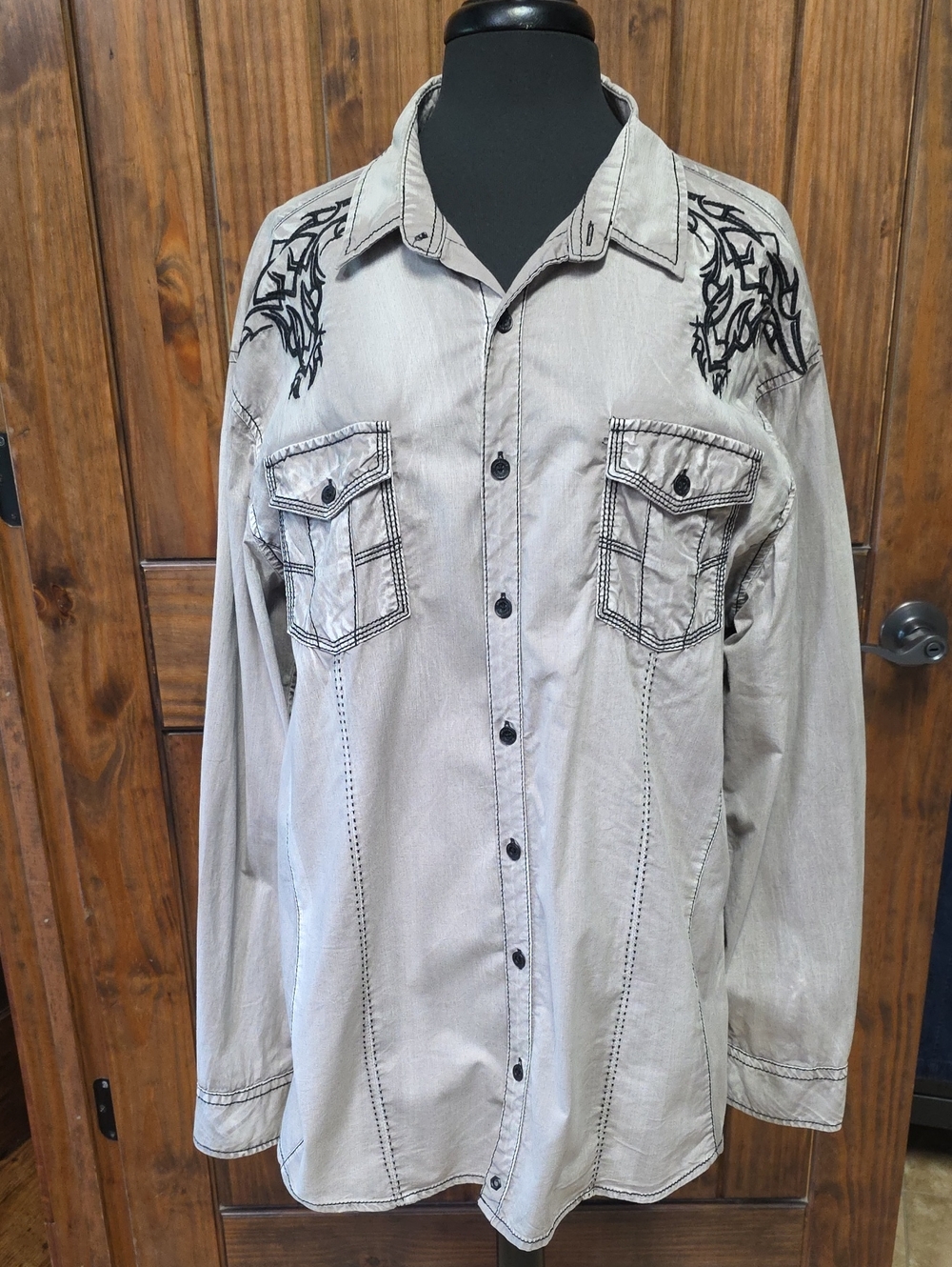 Buckle Light Taupe Gray Embroidered Shoulder Shirt - Size XXL
